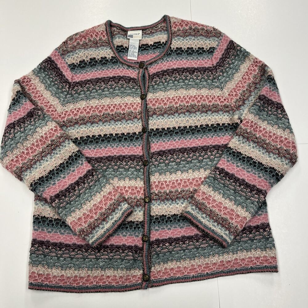 Vintage KORET Wool Mohair Cardigan Sweater Sz L Button Up Multicolor Grannycore